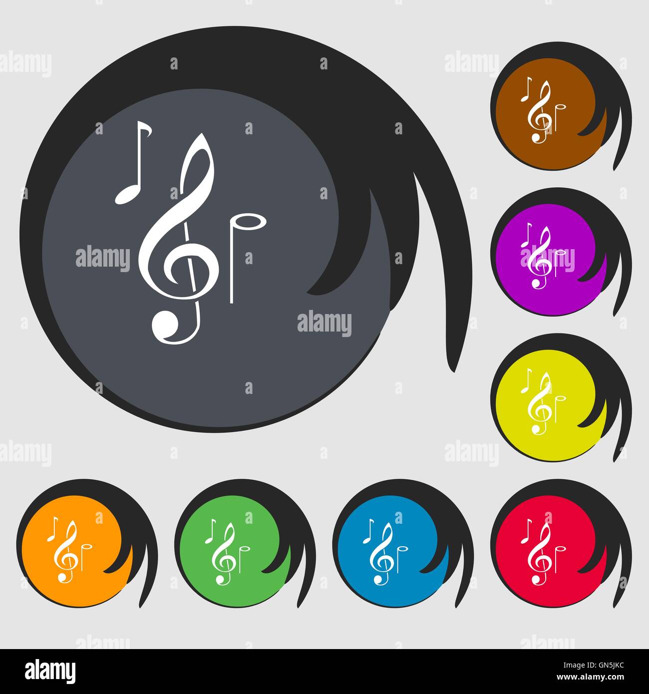Icono de notas musicales. Símbolos de ocho botones de colores. Vector