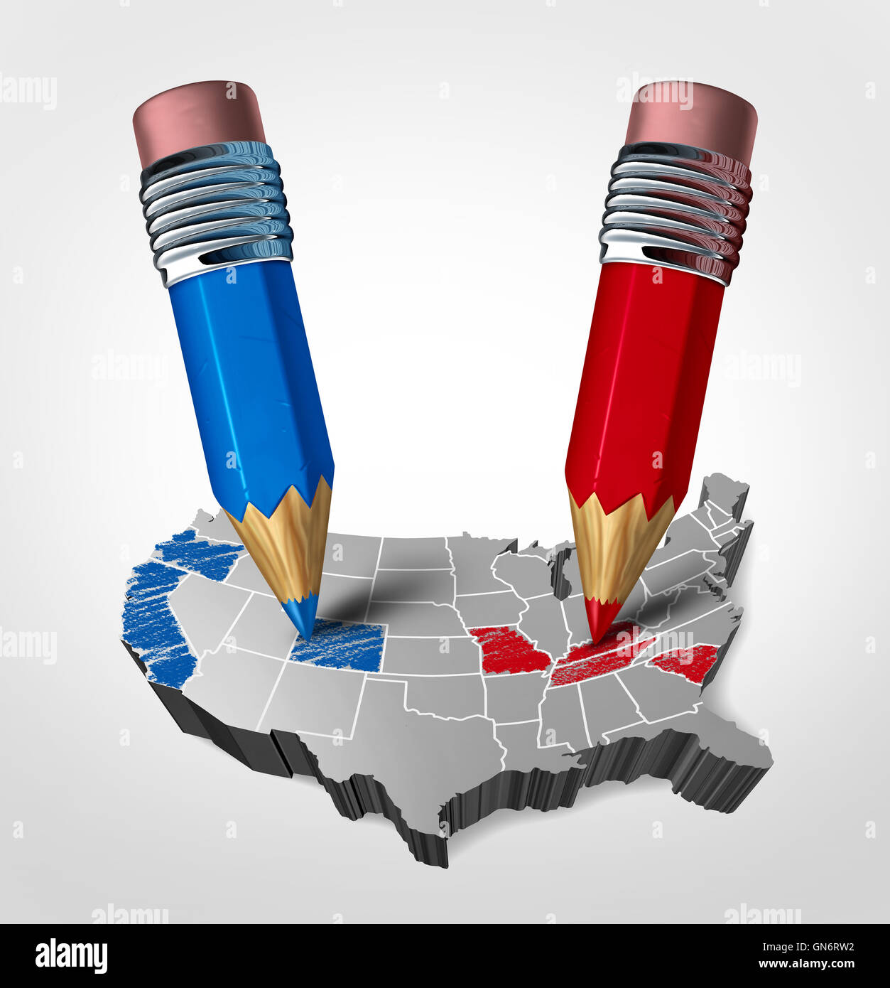 Azul y rojo unidos concepto como una lucha electoral americana como republicano demócrata versus representado por dos lápices coloreando el Foto de stock