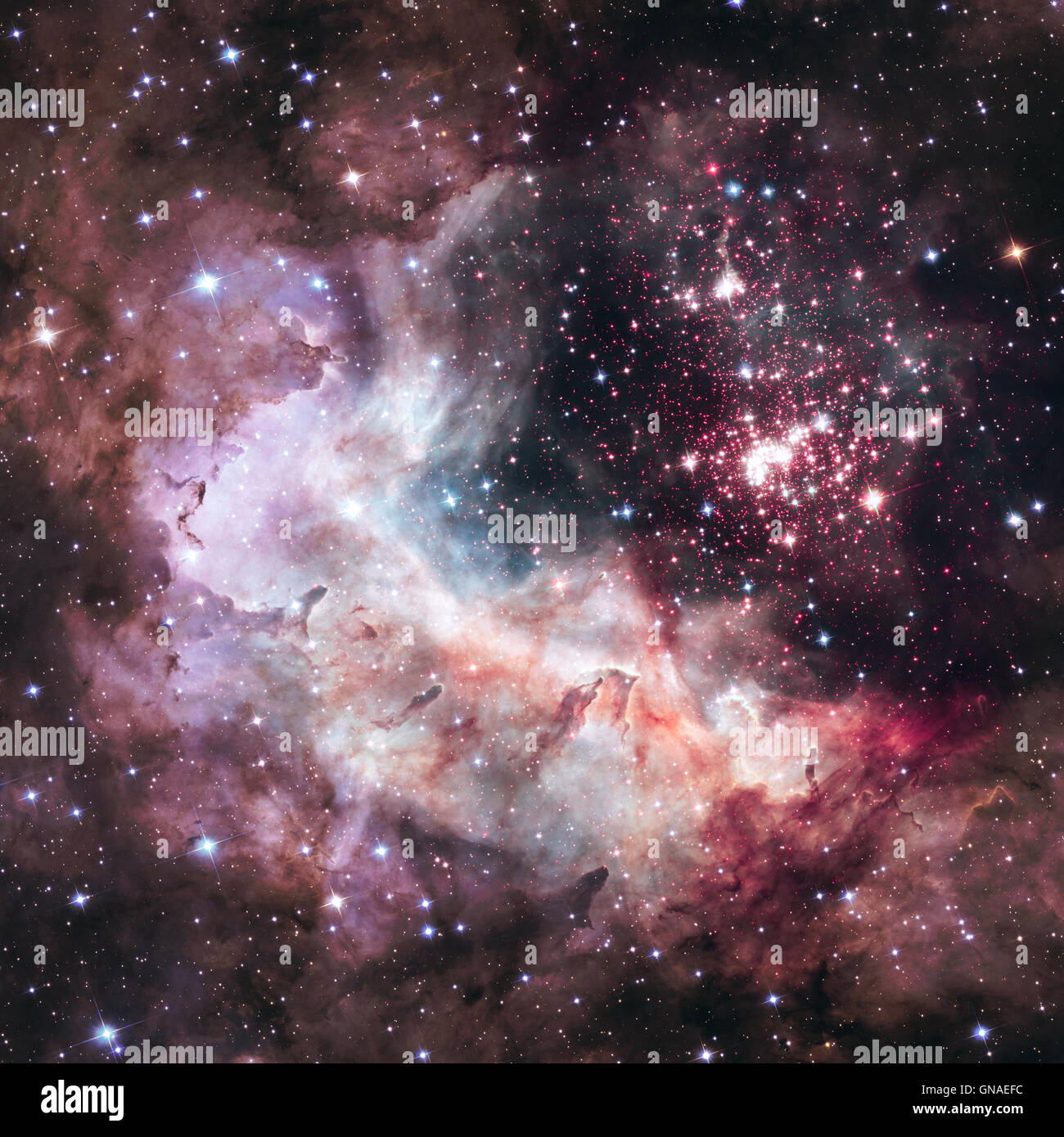 Westerlund 2 es un oscurecido compacto cúmulo de estrellas jóvenes en la Vía Láctea. Super Star cluster en la constelación de Carina. Foto de stock