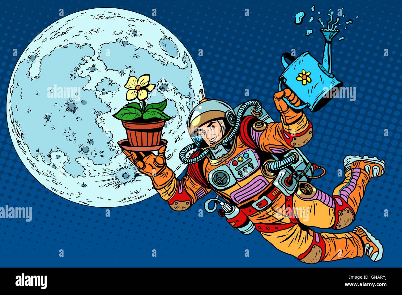 La colonización luna astronauta plantas Ilustración del Vector