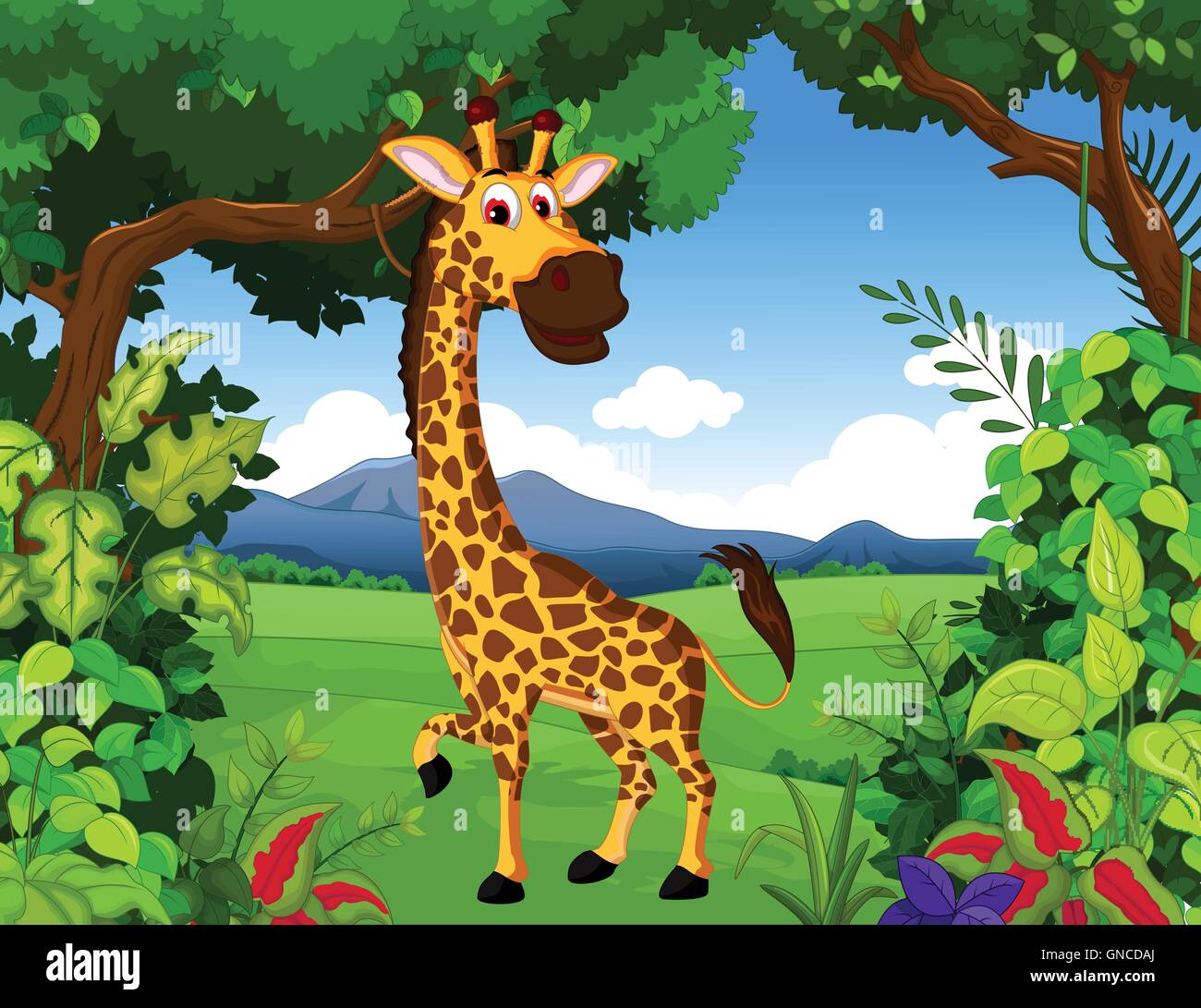 Jirafas dibujos animados con el paisaje del fondo Imagen Vector de stock -  Alamy