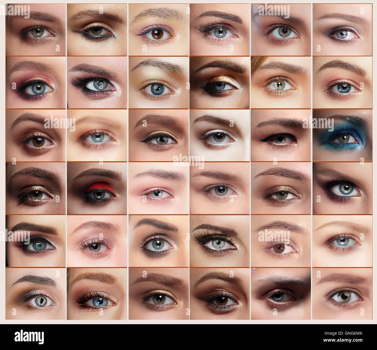 Collage de 36 closeup ojos imágenes de mujeres, con tretas. La ceja. Foto de stock