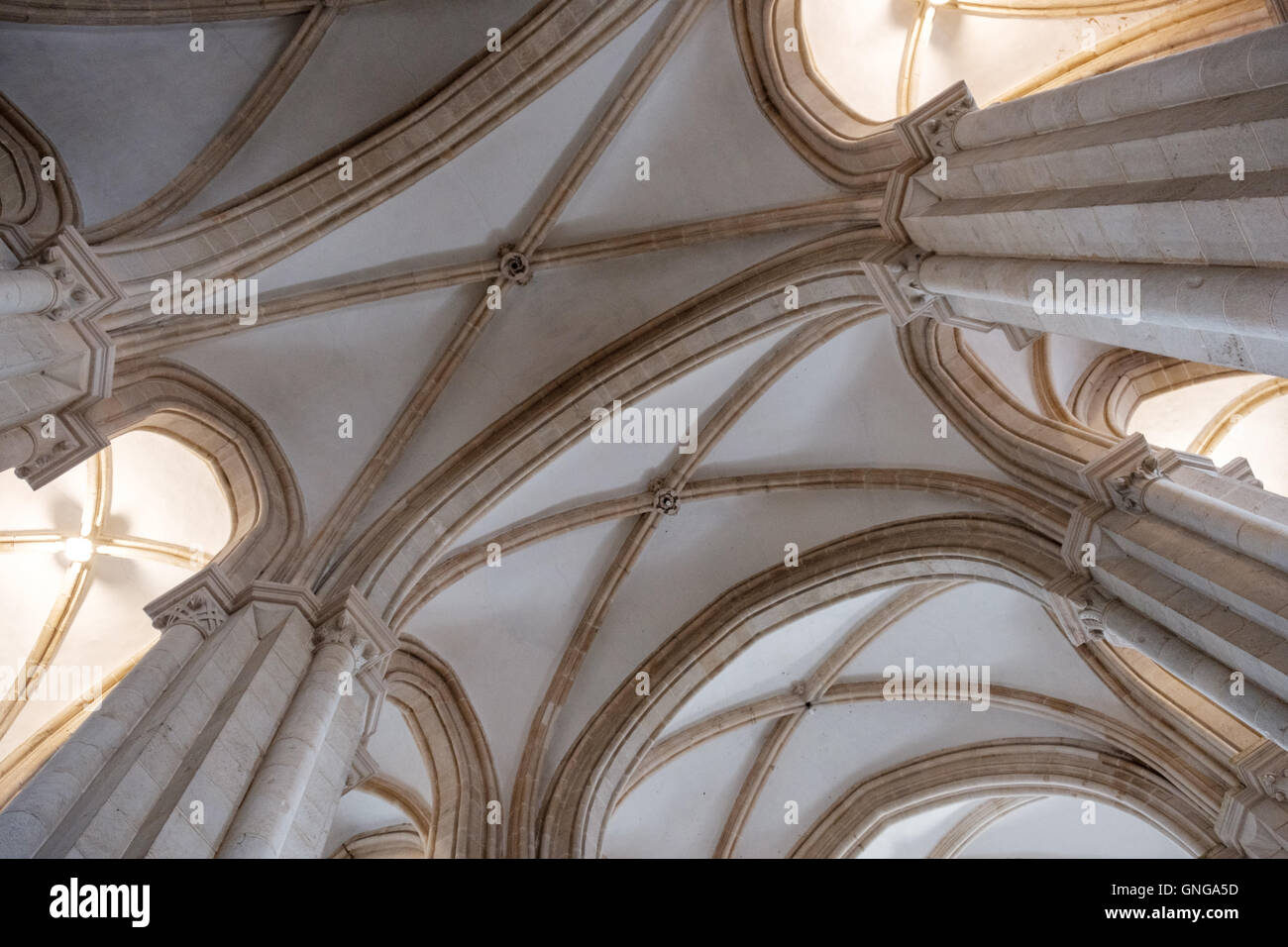 Las columnas y bóvedas de la iglesia en el monasterio de Alcobaça, Portugal Foto de stock