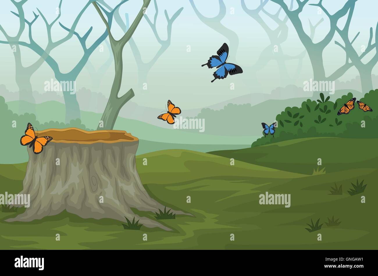 Gracioso butterfly con bosque profundo fondo paisajístico Ilustración del Vector