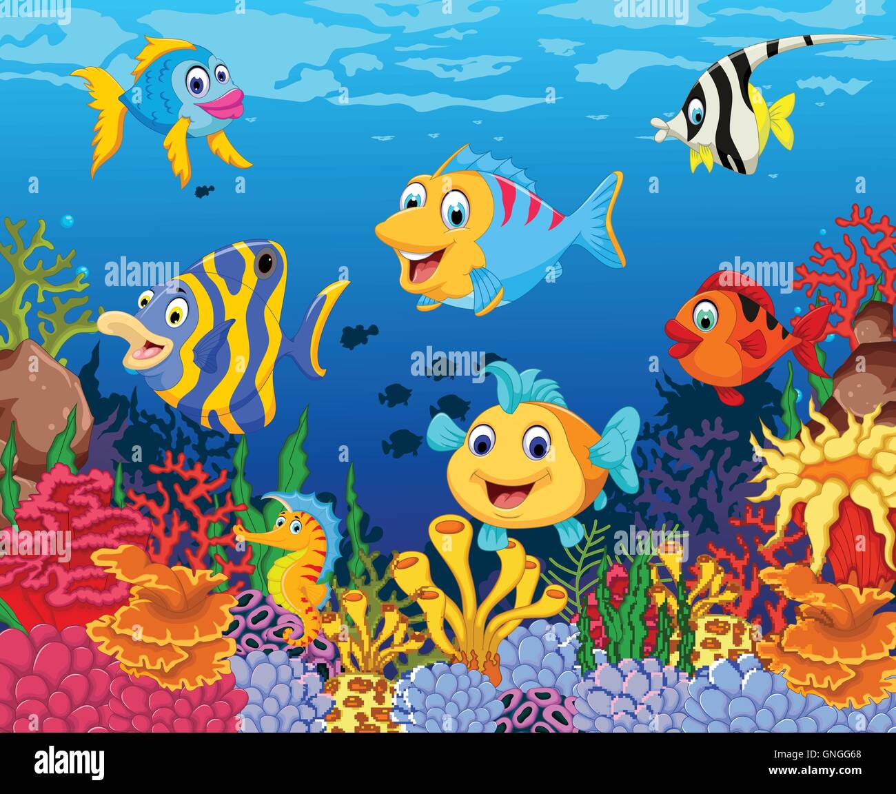 Peces divertidos dibujos animados con la belleza del mar de fondo de la  vida Imagen Vector de stock - Alamy