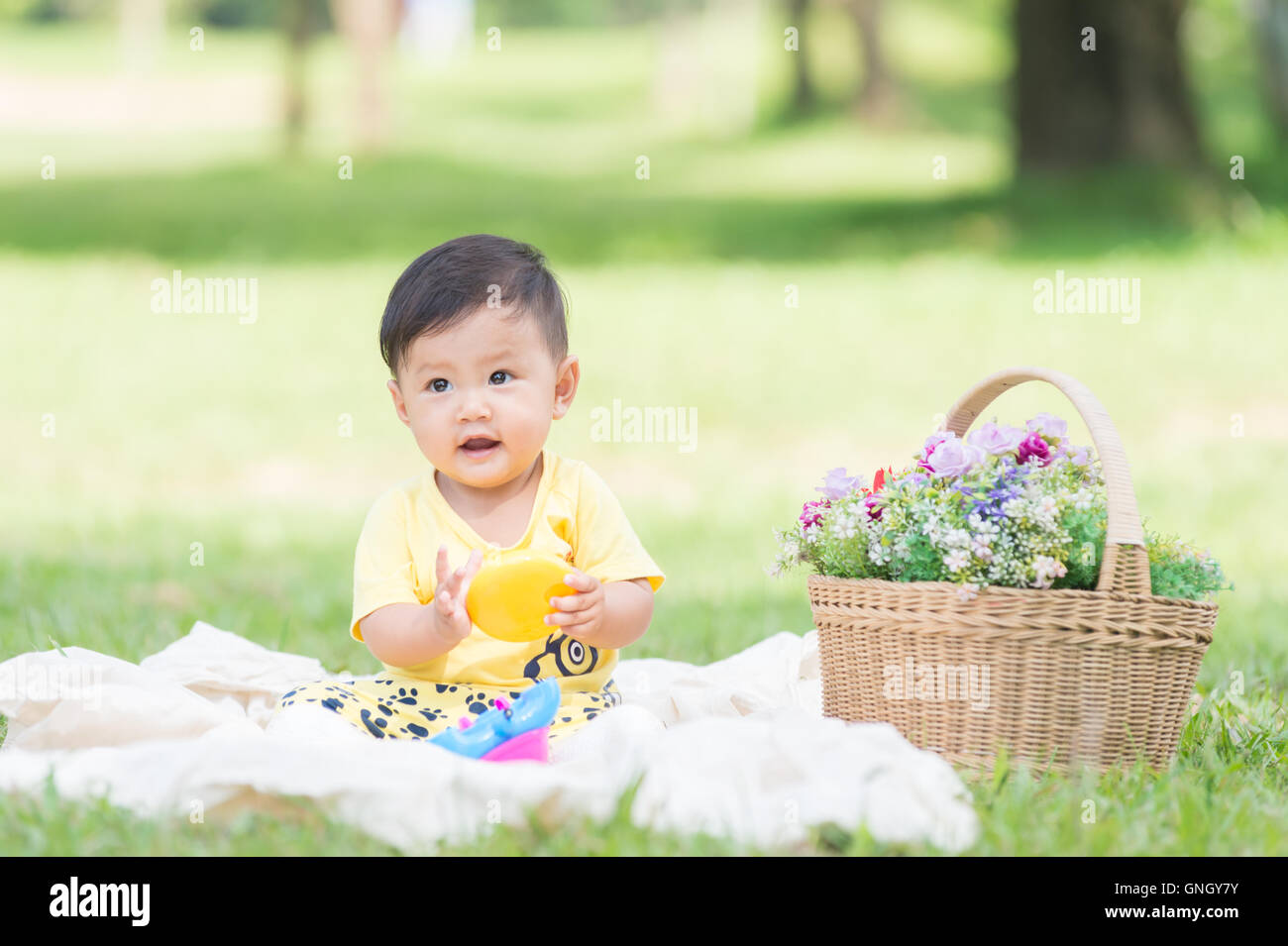 Asia Baby Boy en el pasto verde en el parque , Chiangrai Tailandia Foto de stock