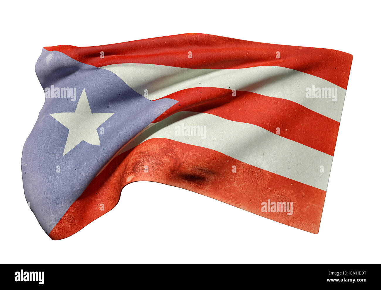 Representación 3D de un viejo y sucio de Puerto Rico ondear la bandera sobre fondo blanco. Foto de stock