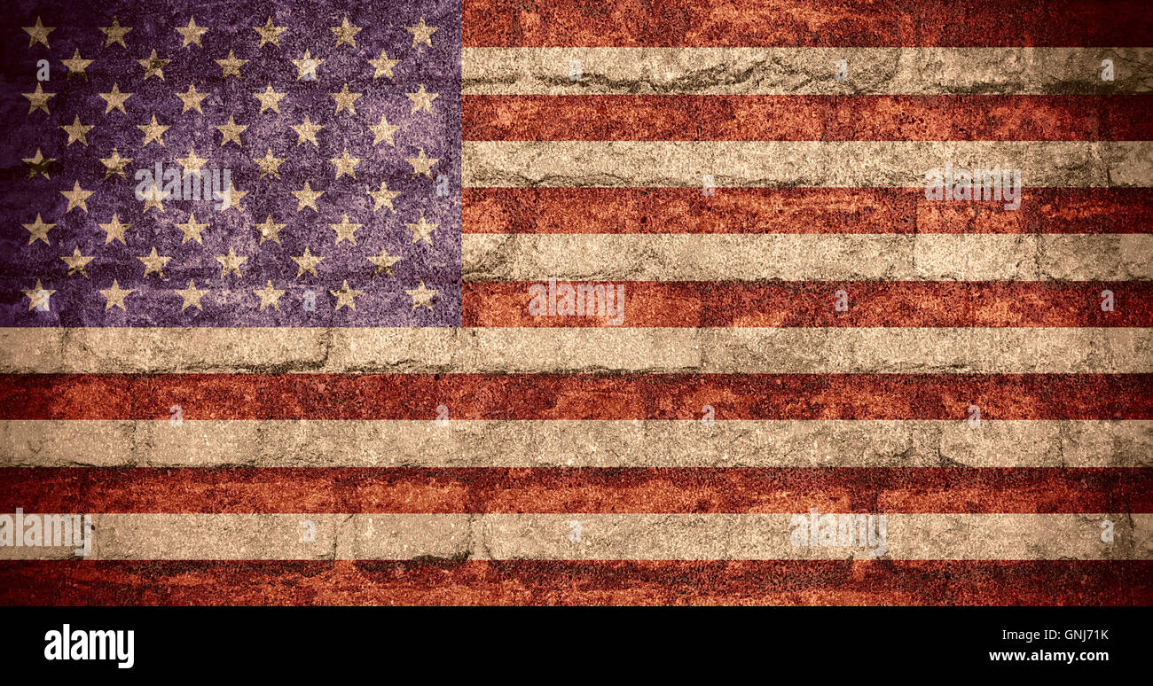 Estados Unidos de América bandera americana o banner en textura de ladrillo, EE.UU. Foto de stock