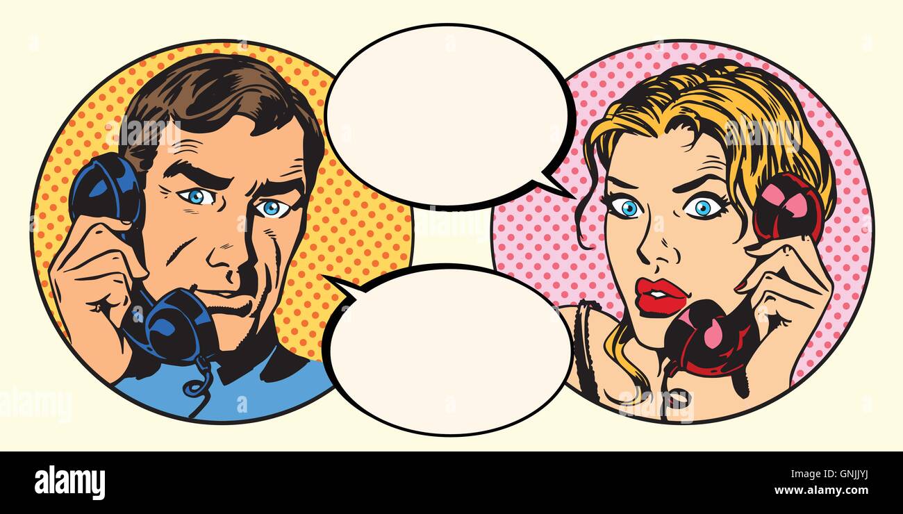 Vintage par hombre y mujer hablando por teléfono Ilustración del Vector