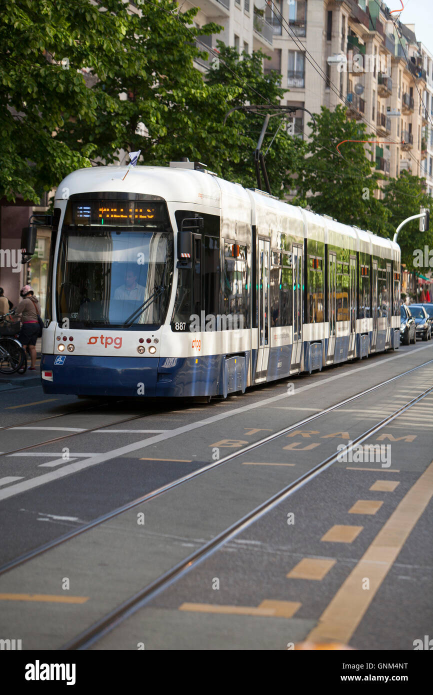 Tranvía urbano en la ciudad de Ginebra en Suiza Fotografía de stock - Alamy