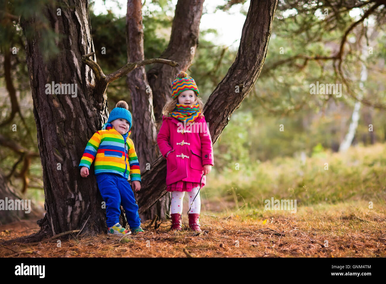 Niños felices jugando en el hermoso parque de otoño frío soleado día de otoño. Niños en camperas abrigadas jugar con hojas doradas Fotografía de stock - Alamy
