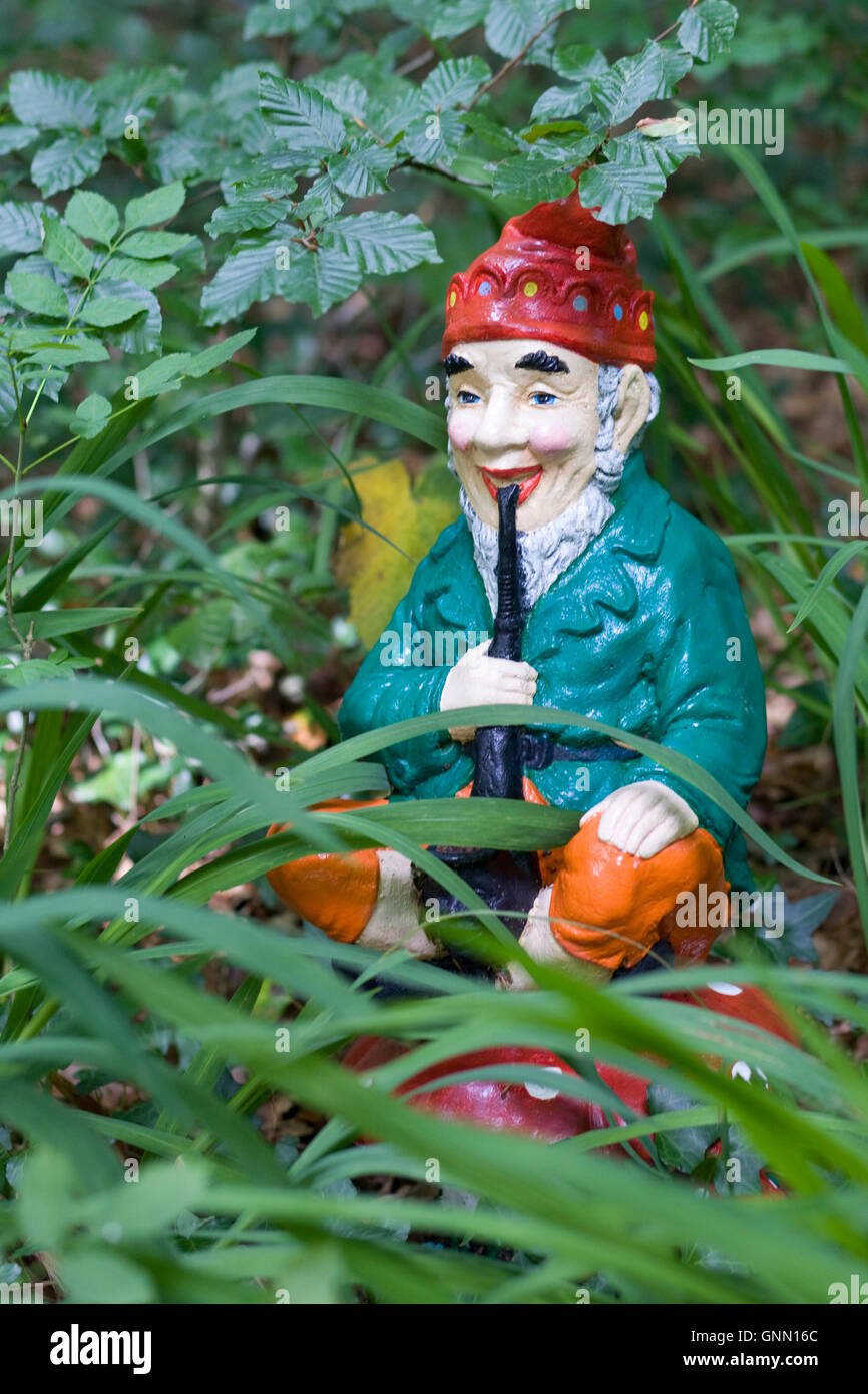 Gnomo de jardín tocando una flauta sentado en un taburete de sapo en el  jardín Fotografía de stock - Alamy