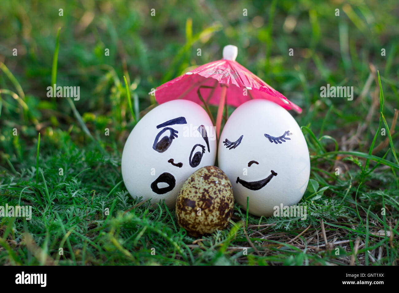 Gracioso huevos imitando a par de padres con bebés versicolored blanco Foto de stock
