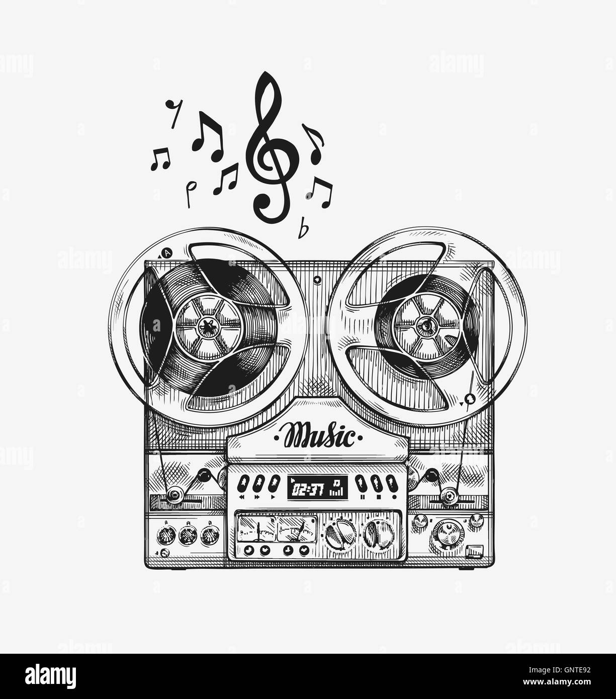 Vintage dibujado a mano el molinete a una grabadora de cinta. Boceto de la  música. Ilustración vectorial Imagen Vector de stock - Alamy