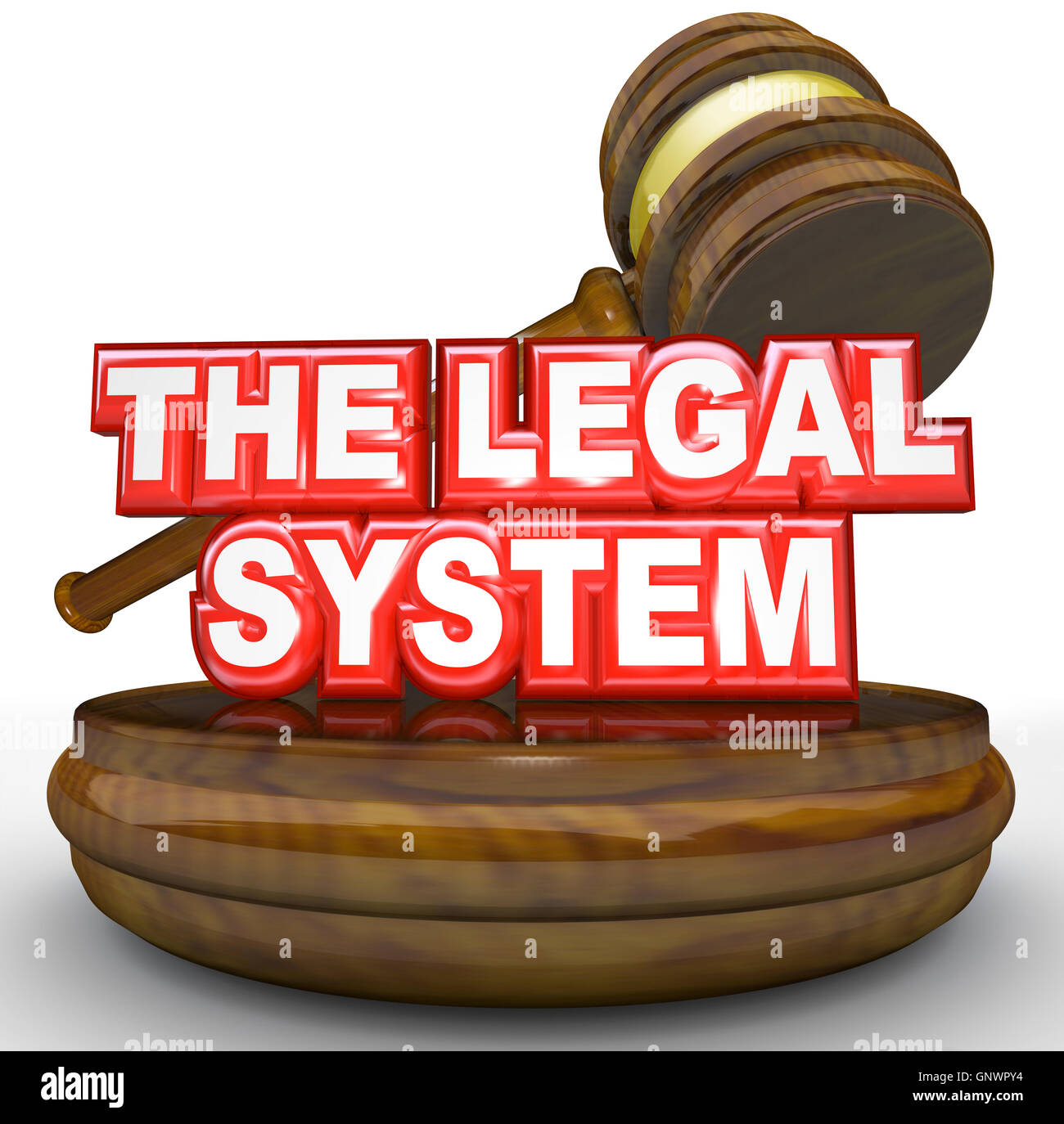 Martillo Palabras del sistema jurídico de la ley y el orden Foto de stock