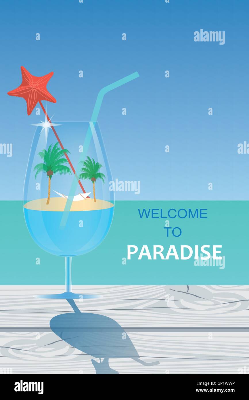 Isla paraíso con palmeras y hamacas se encuentra en el vaso de cóctel de pie en la madera agrietada tabla en el mar turquesa Ilustración del Vector