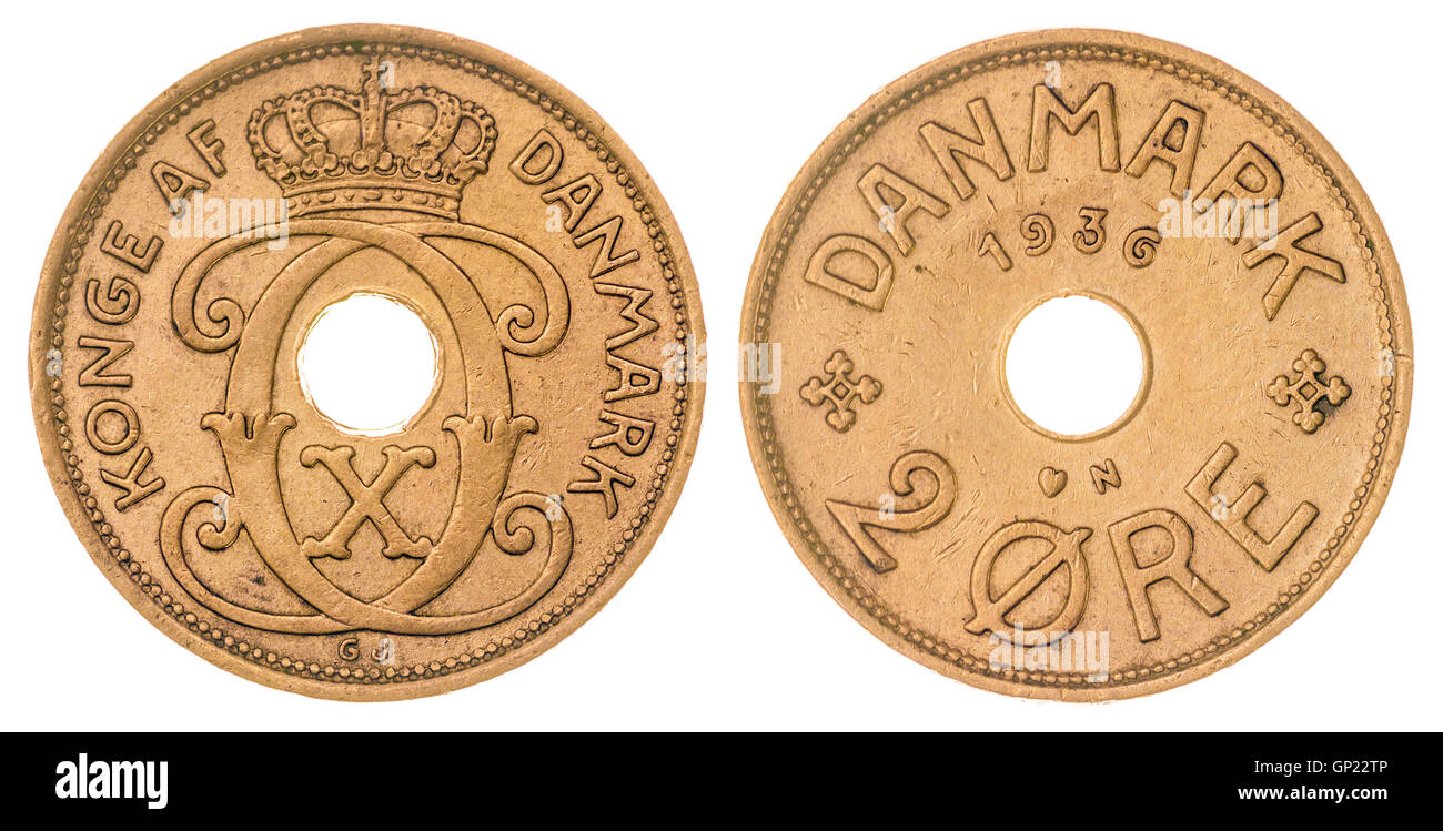 2 moneda de bronce 1936 mineral aislado sobre fondo blanco, Dinamarca Foto de stock
