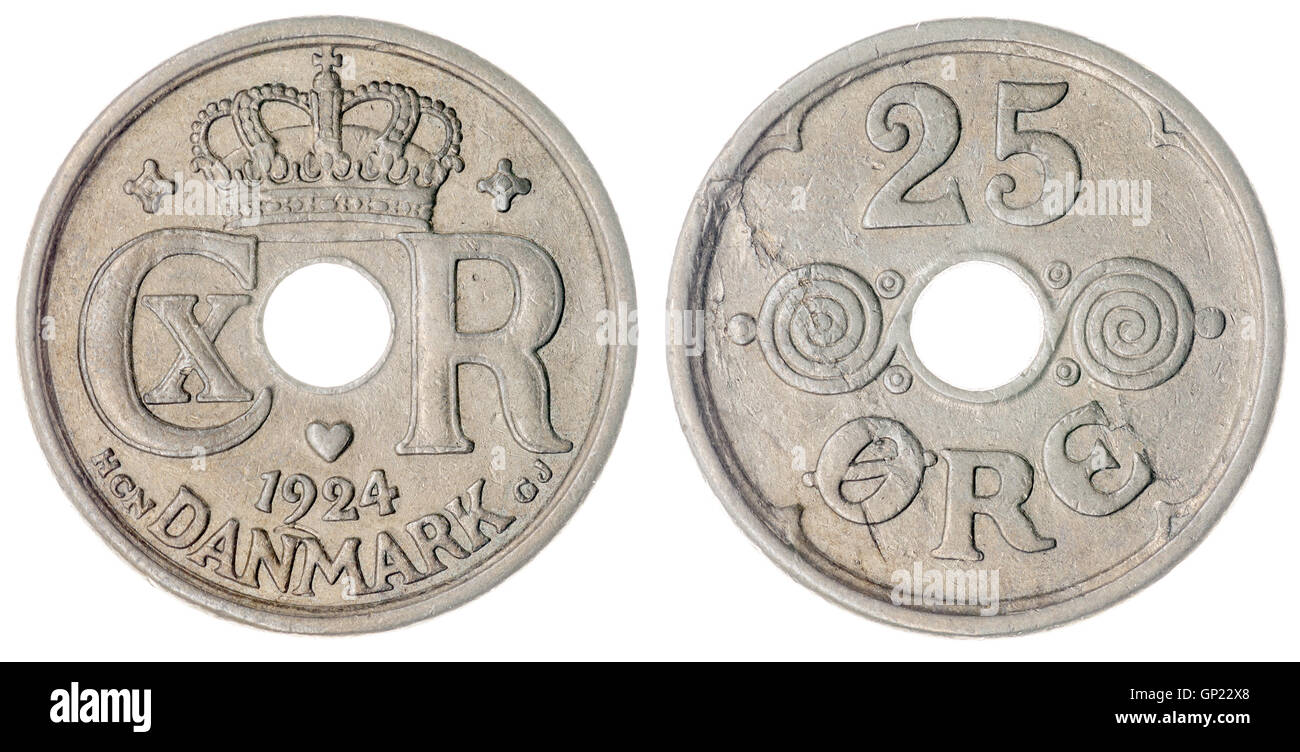 25 1924 monedas de níquel mineral aislado sobre fondo blanco, Dinamarca Foto de stock
