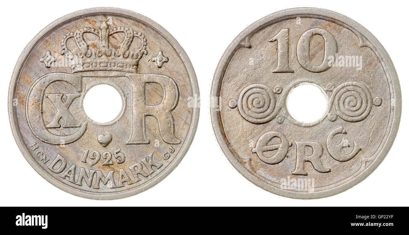 10 1925 monedas de níquel mineral aislado sobre fondo blanco, Dinamarca Foto de stock