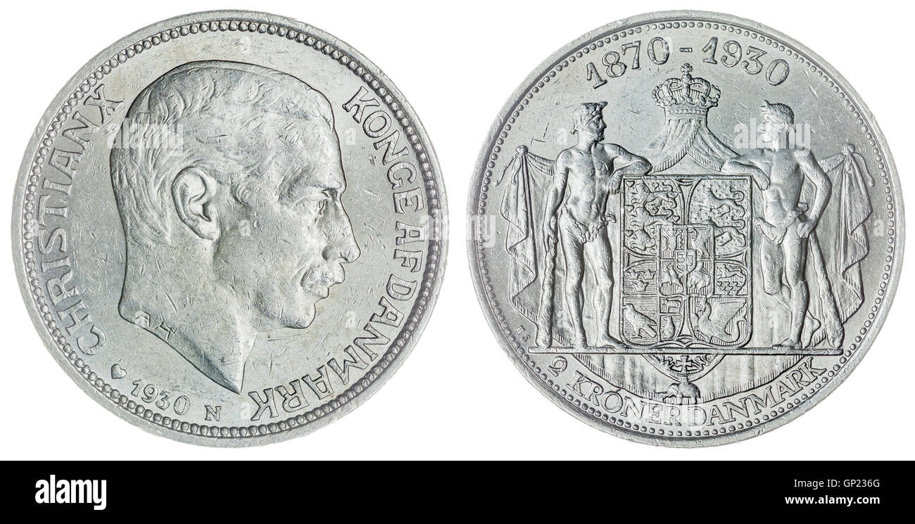 Plata 2 Krone 1930 coin aislado sobre fondo blanco, Dinamarca Foto de stock