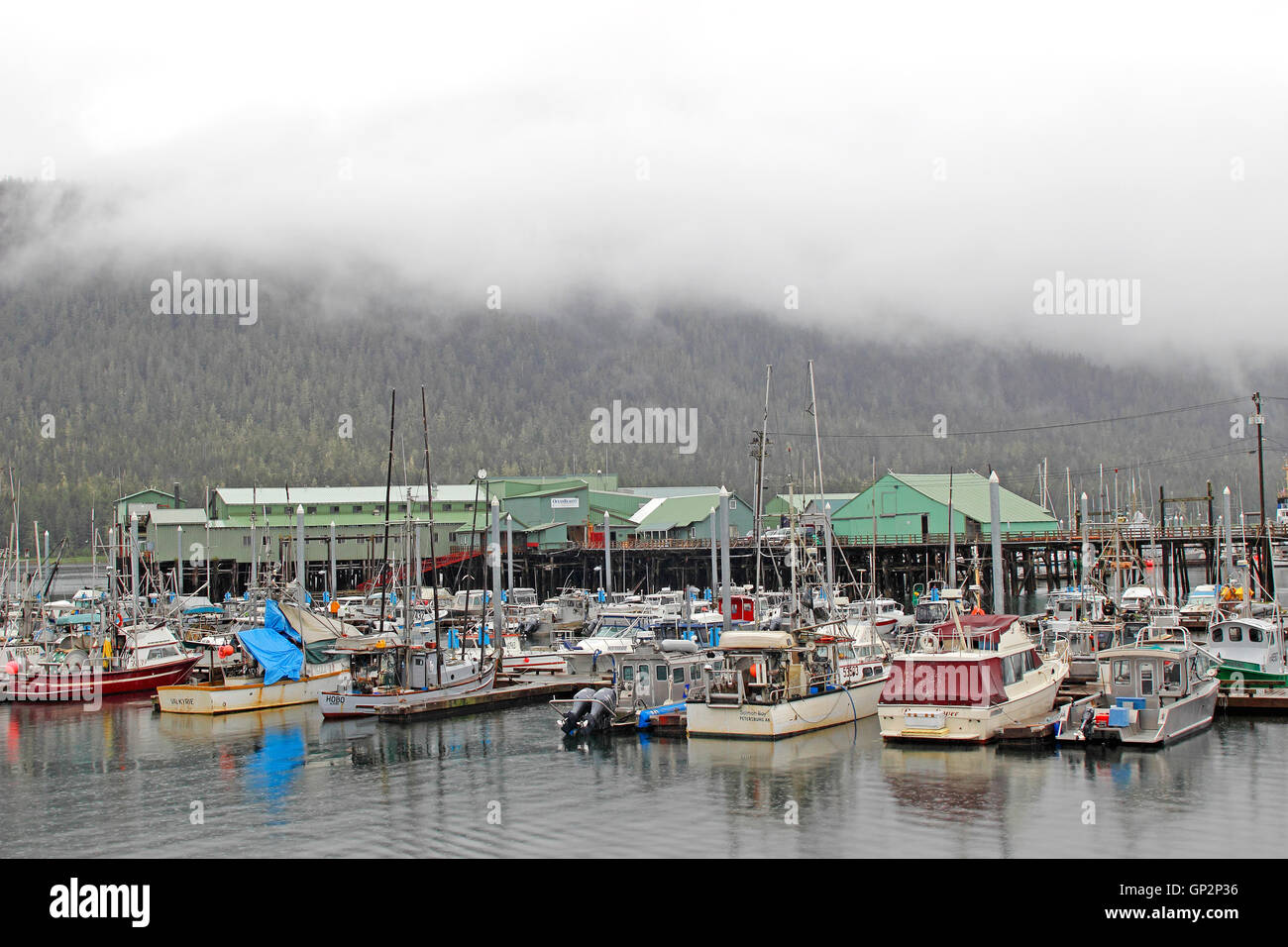 Los barcos de la flota de pesca Petersburgo "poco Noruega " aldea pesquera Mitkof isla interior Pasaje sureste de Alaska, EE.UU. Foto de stock