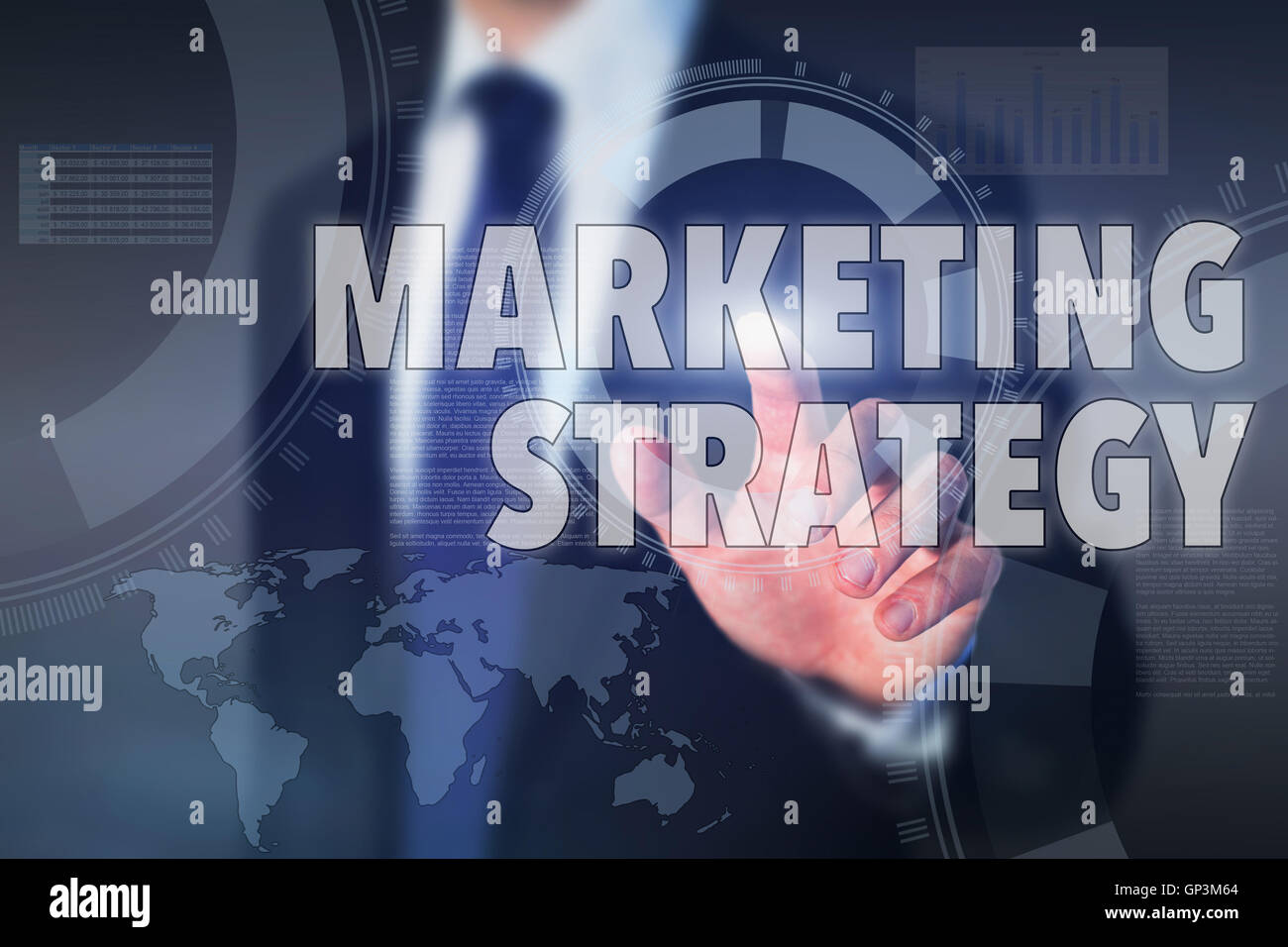 La estrategia de marketing, concepto en pantalla táctil Foto de stock
