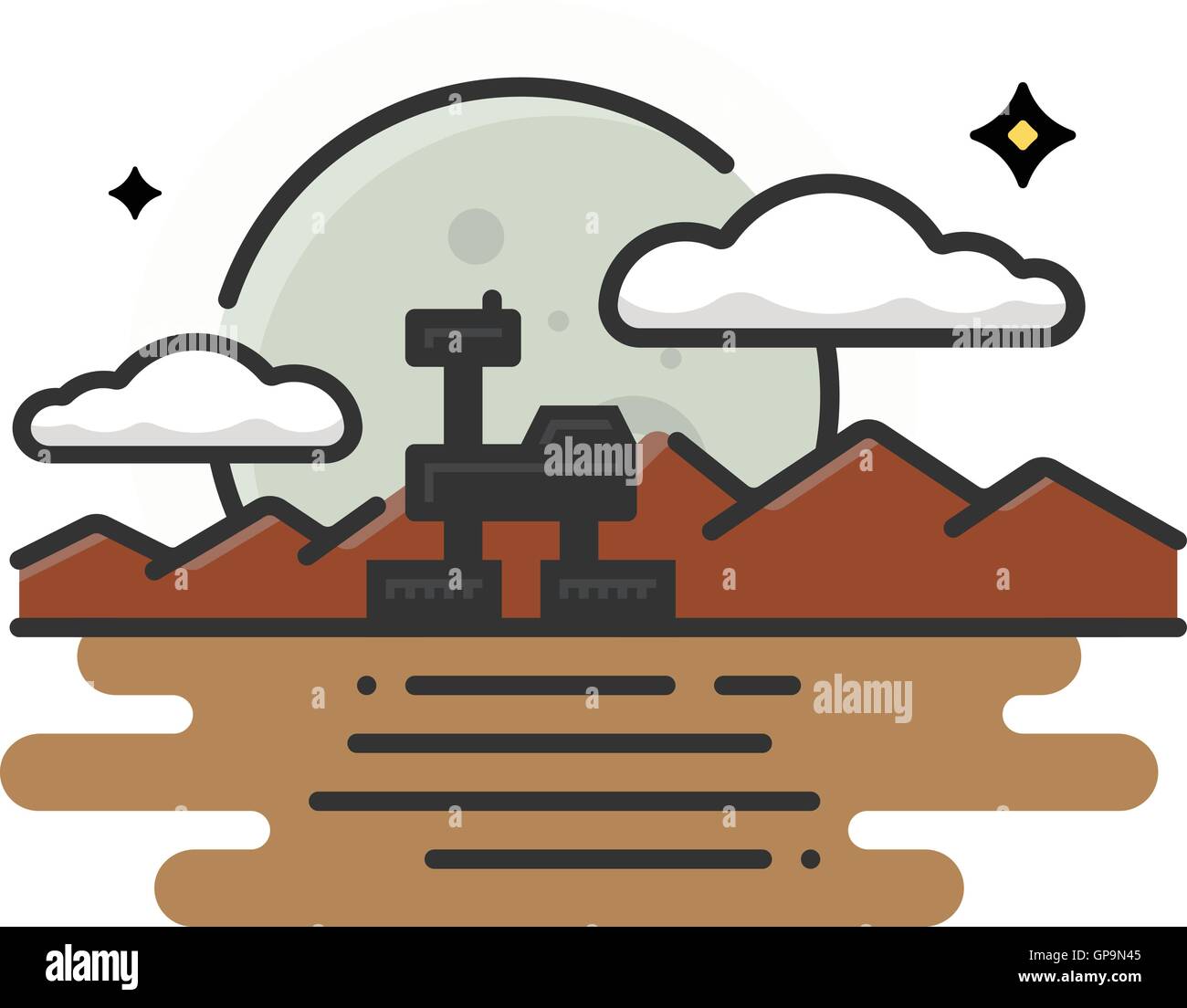 Mars Rover con red montañas bajo una gran luna Ilustración del Vector