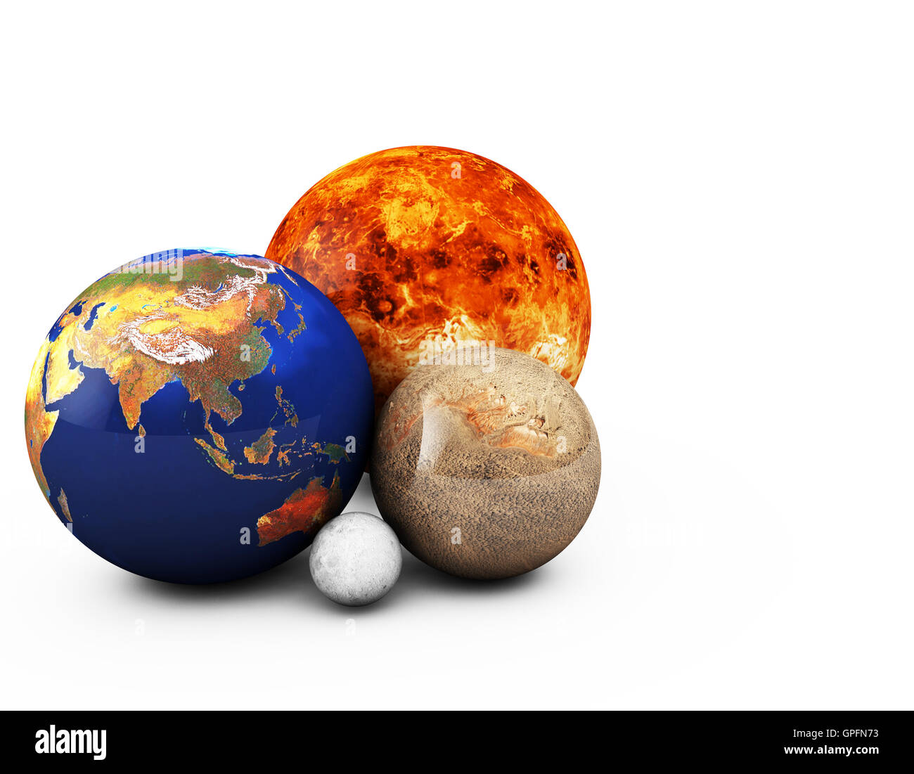 Los planetas 3D de la tierra, la Luna, Marte, Júpiter, Plutón, mercurio,  sobre el fondo blanco Fotografía de stock - Alamy