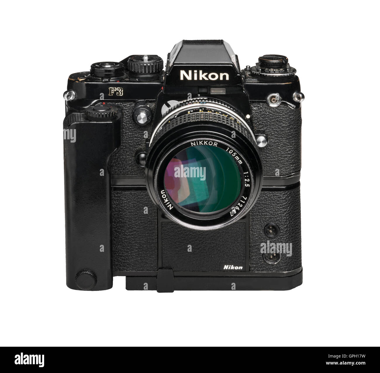 1990 Nikon F3 Professional una cámara de película de 35 mm con MD4 y 105 mm Lente Motordrive Foto de stock