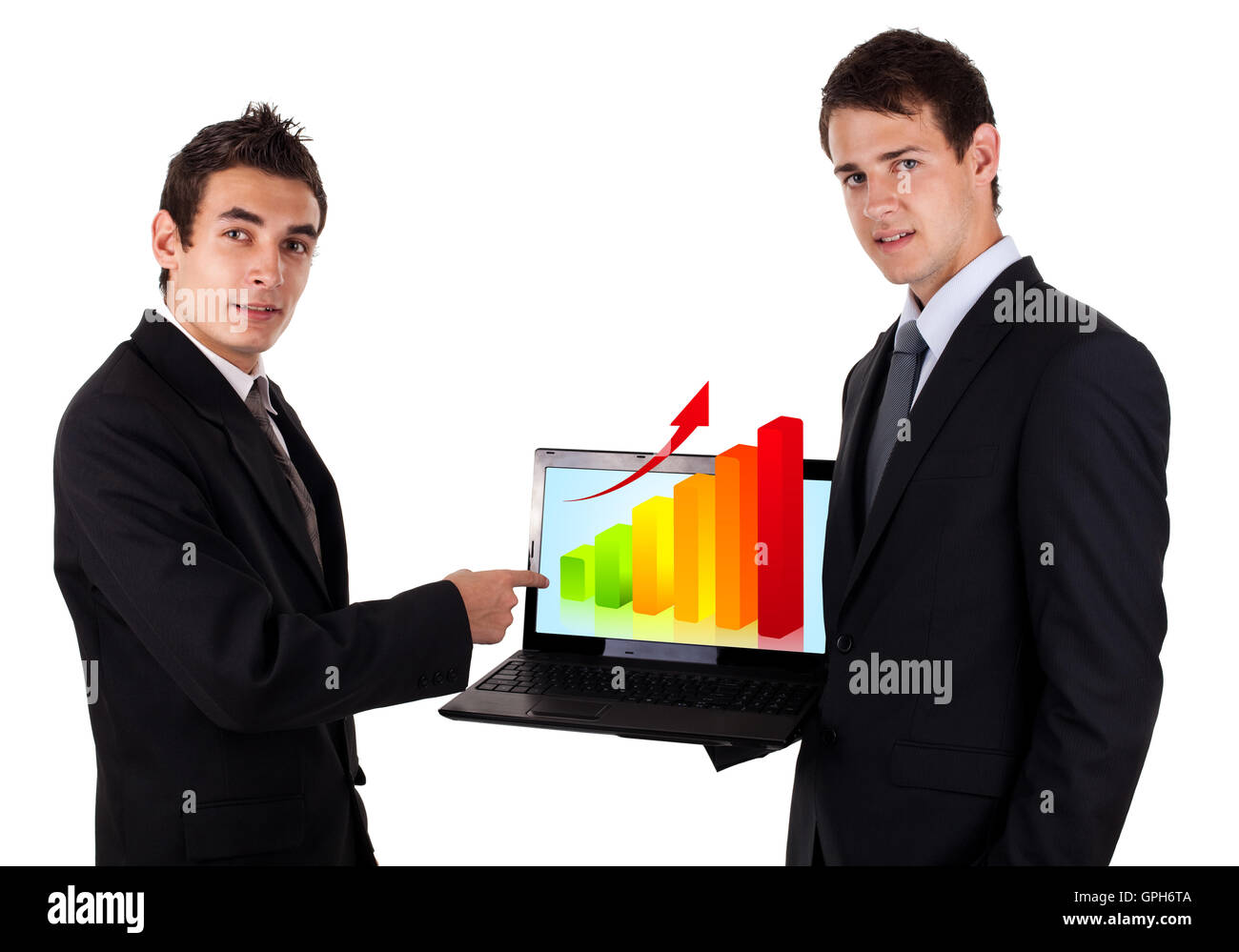 Hombre de negocios muestran en portátil con el gráfico 2 Foto de stock