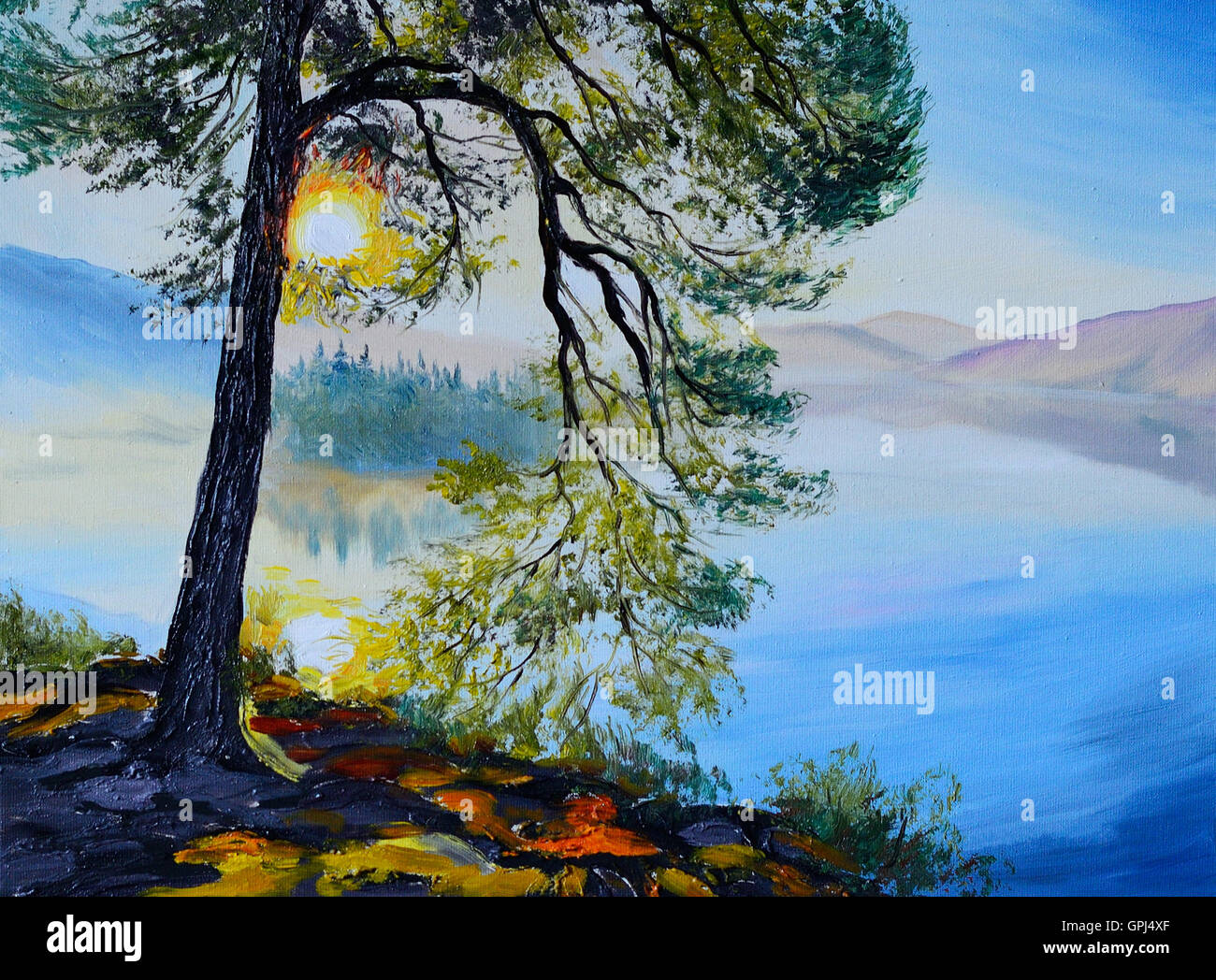 Pintura al Óleo paisaje - el árbol cerca del lago al atardecer, otoño, Azul; brillante Foto de stock