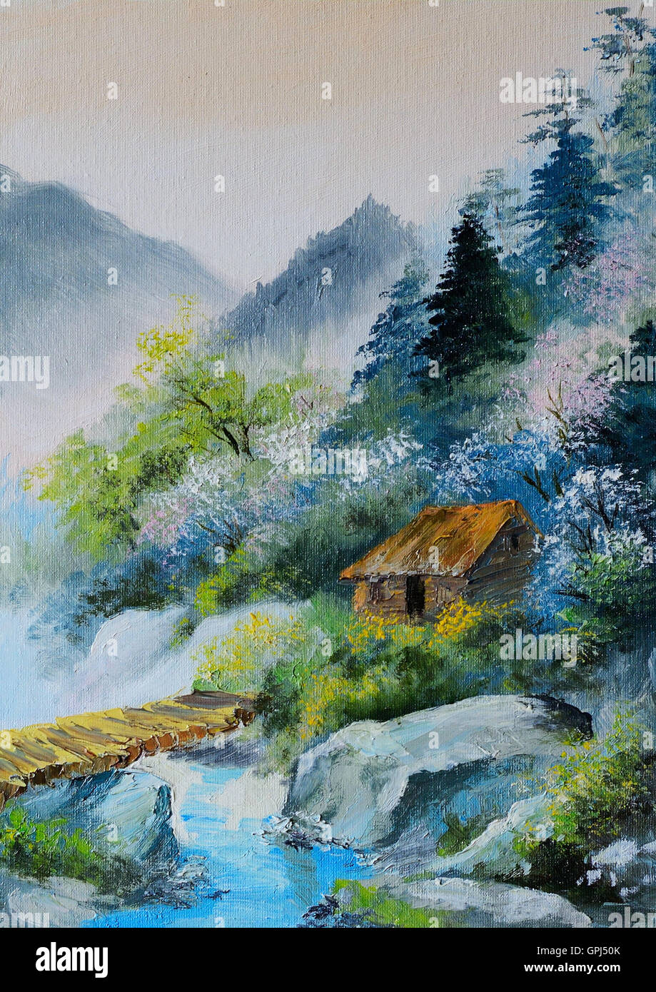 Pintura Al Oleo Paisaje De Montanas Casa En Las Montanas Y En