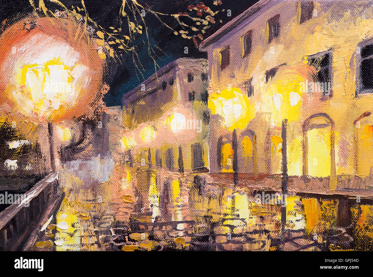Por la noche en París, lámpara de la calle, colorida pintura al óleo Foto de stock