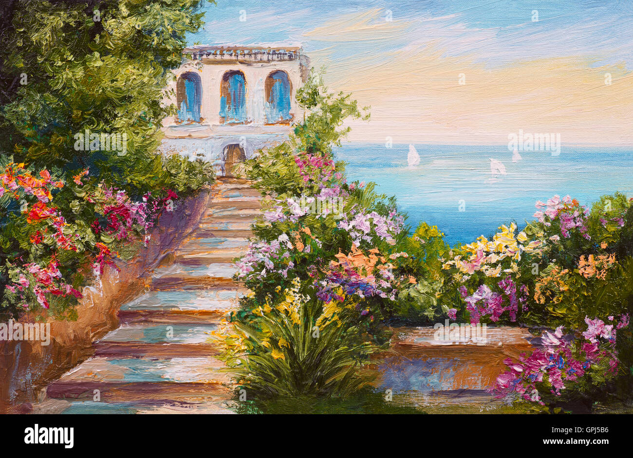 Pintura al Óleo - casa cerca del mar, coloridas flores, verano seascape  Fotografía de stock - Alamy