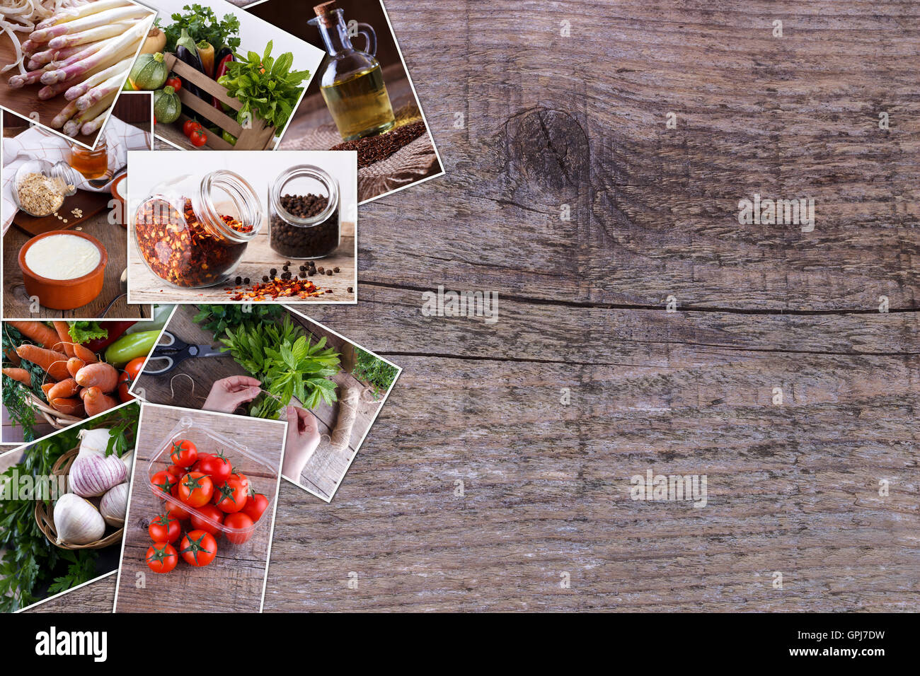 Collage de fotos de alimentos sobre fondo de madera rústica con copia espacio para el texto Foto de stock
