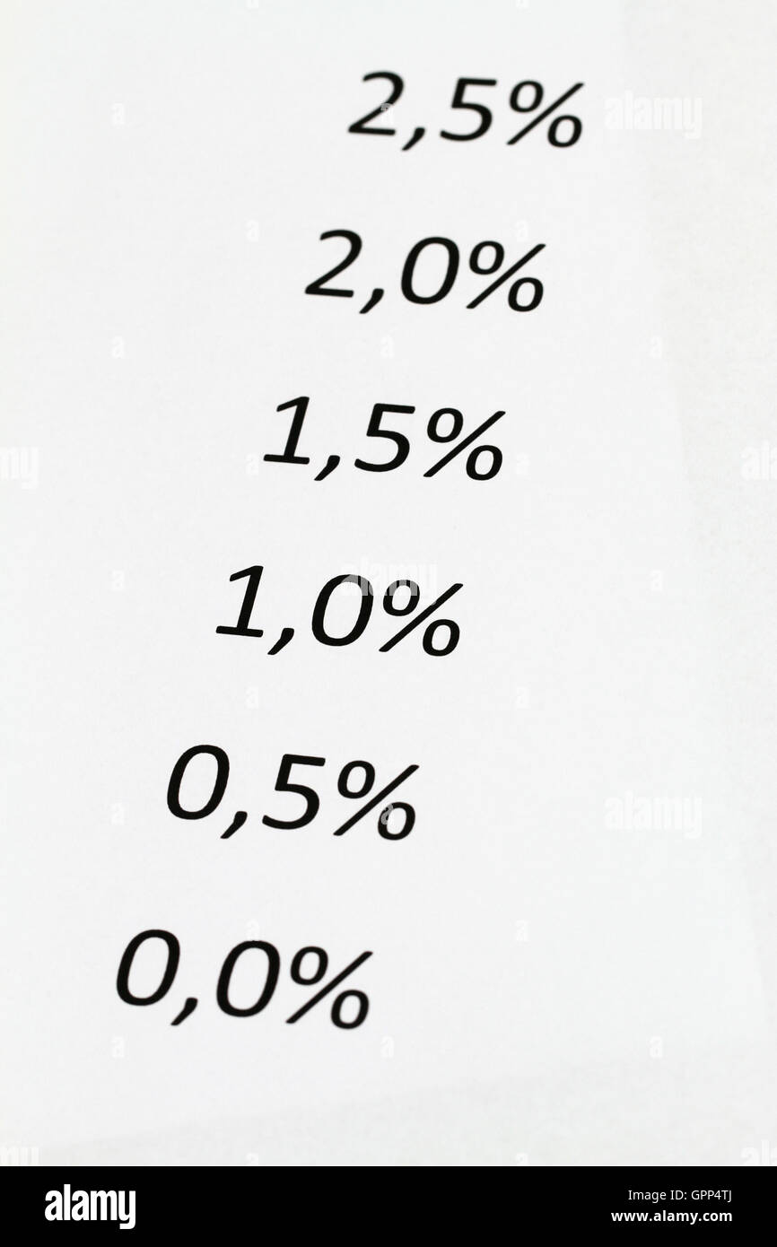 Las tasas de interés indicadas en el pedazo de papel blanco Foto de stock