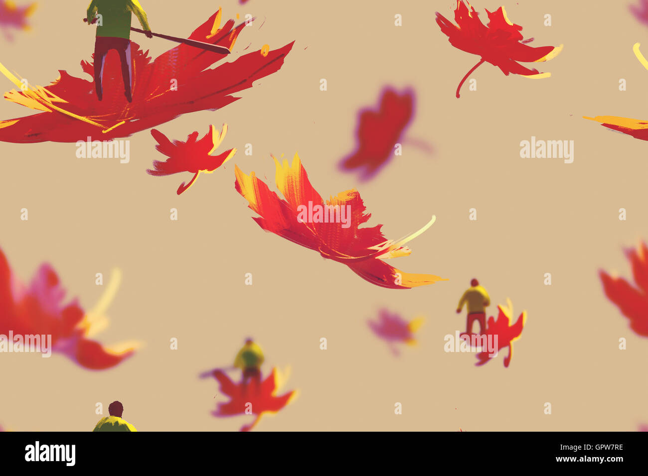 Patrón sin fisuras de los pequeños hombres en hojas de arce,otoño concepto,ilustración pintura Foto de stock