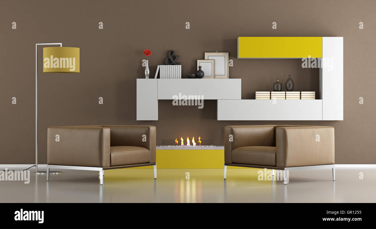 Moderna sala de estar con sillones y chimenea ecológica - 3D rendering Foto de stock