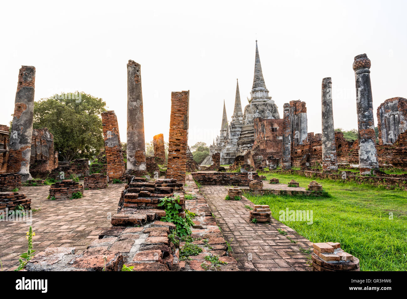 Ruinas y arquitectura antigua Pagoda de Wat Phra Si Sanphet antiguo templo de famosas atracciones durante la puesta de sol en Ayutthaya Tailandia Foto de stock