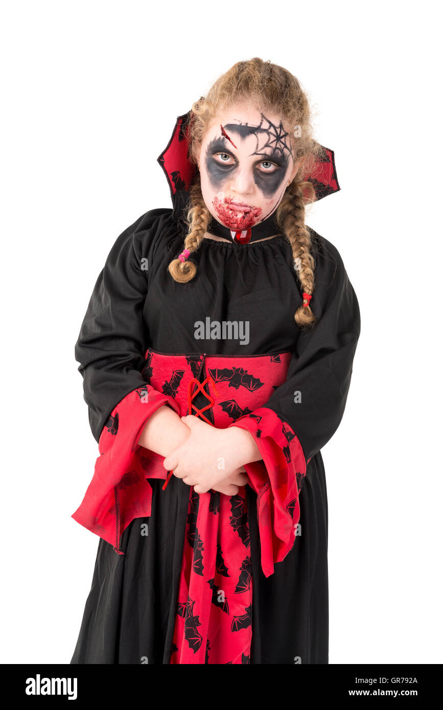Chica con la pintura facial y vampiros Halloween Costume aislados en blanco  Fotografía de stock - Alamy