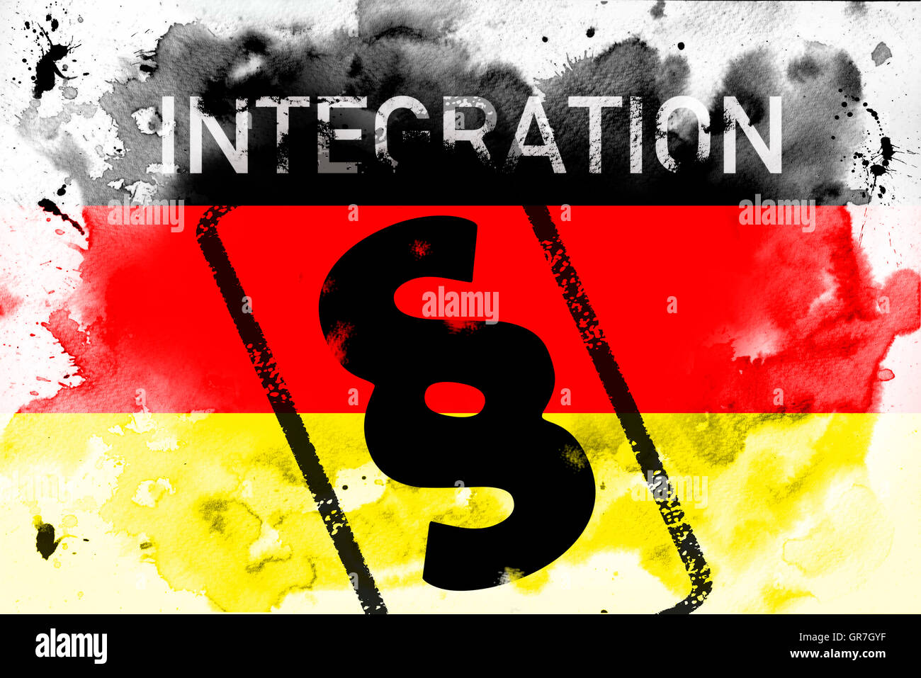 La palabra integración y signo de párrafo sobre la bandera alemana Foto de stock