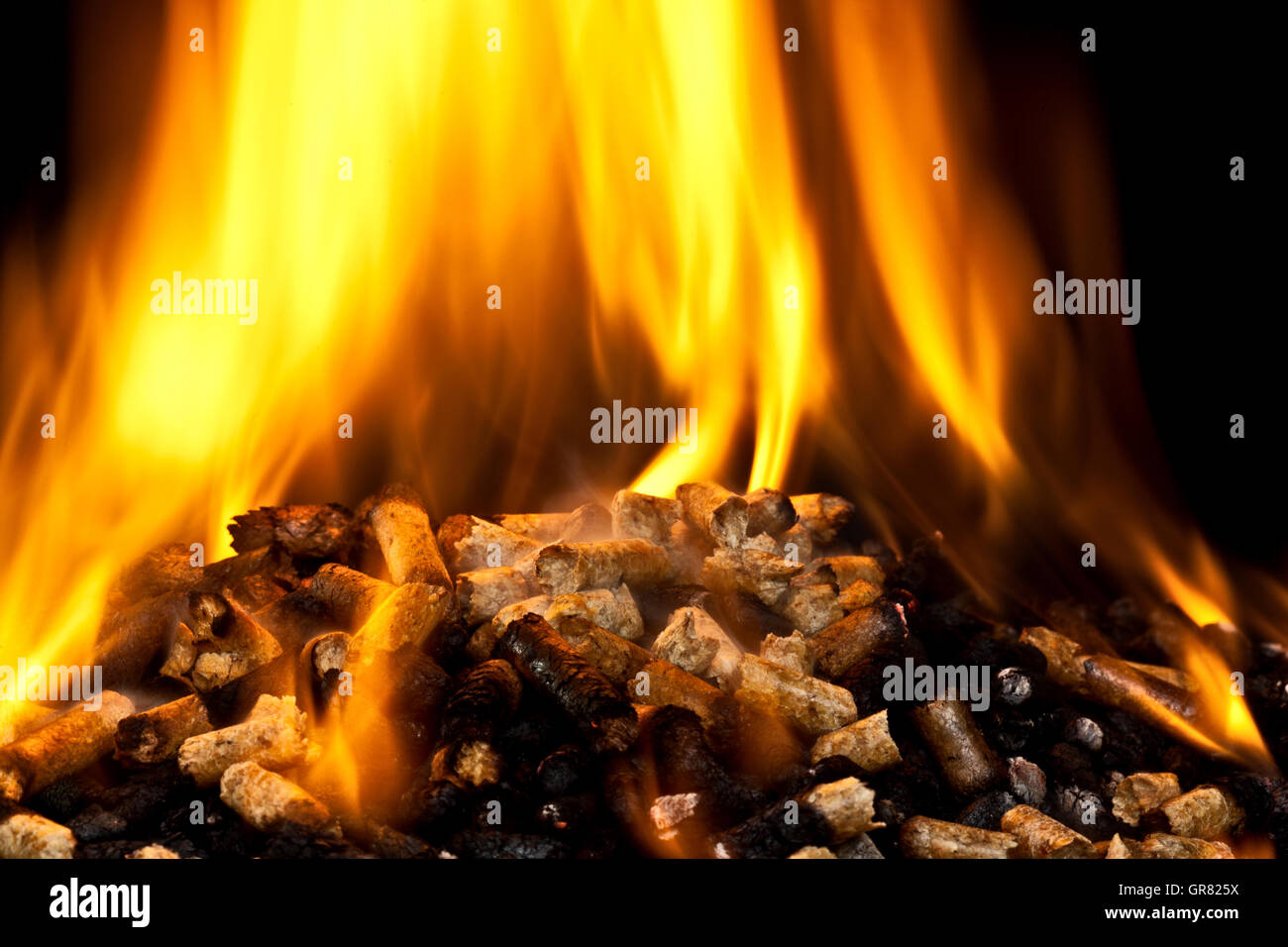 La quema de pellets de madera con llama Foto de stock