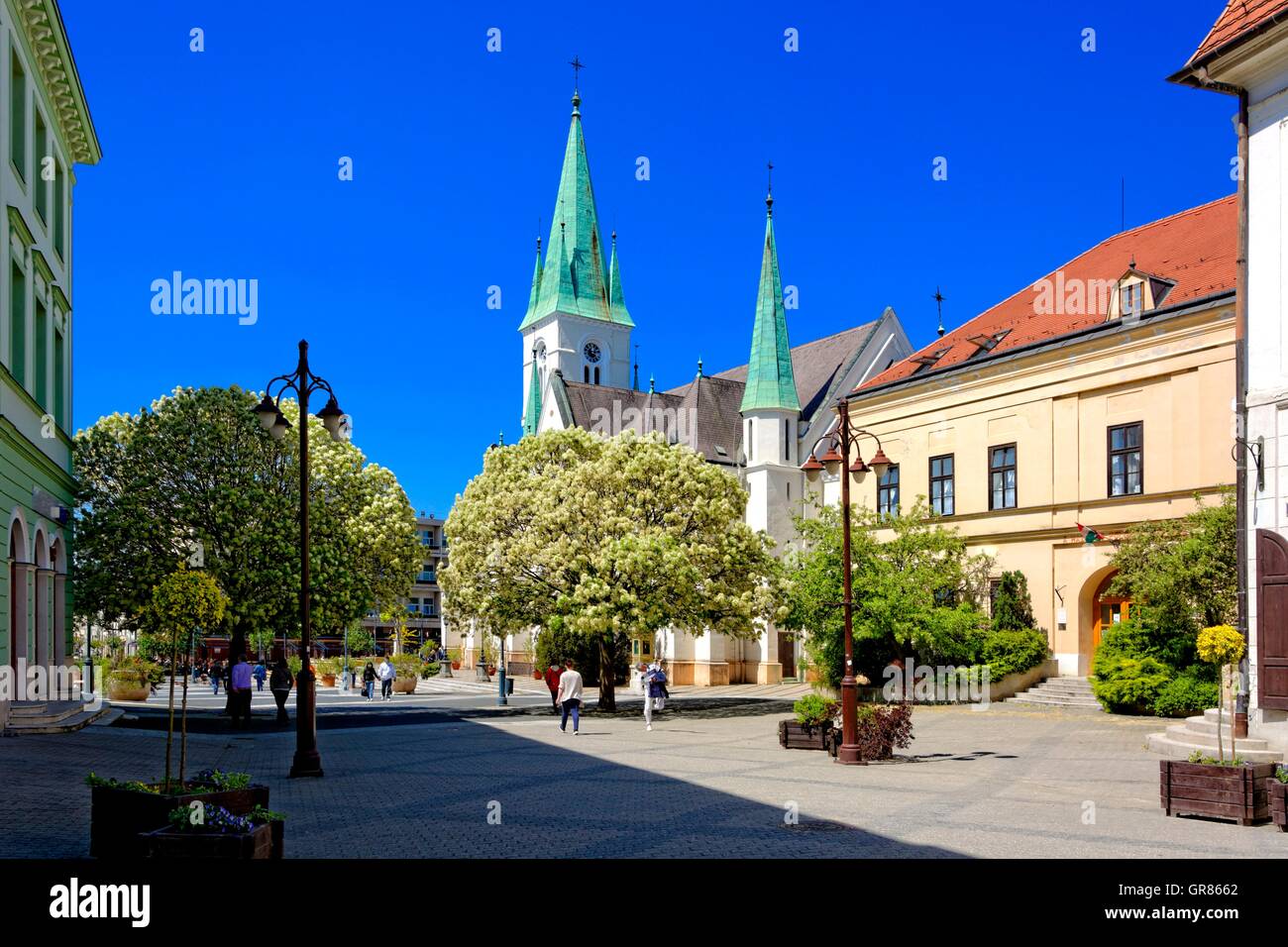 Kaposvar Spiers, de la Catedral de Santa María en la plaza Kossuth ter , Hungría Foto de stock
