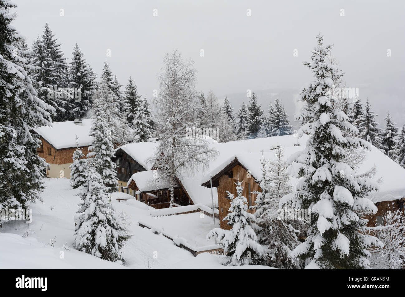 Casas en el bosque nevado Fotografía de stock - Alamy