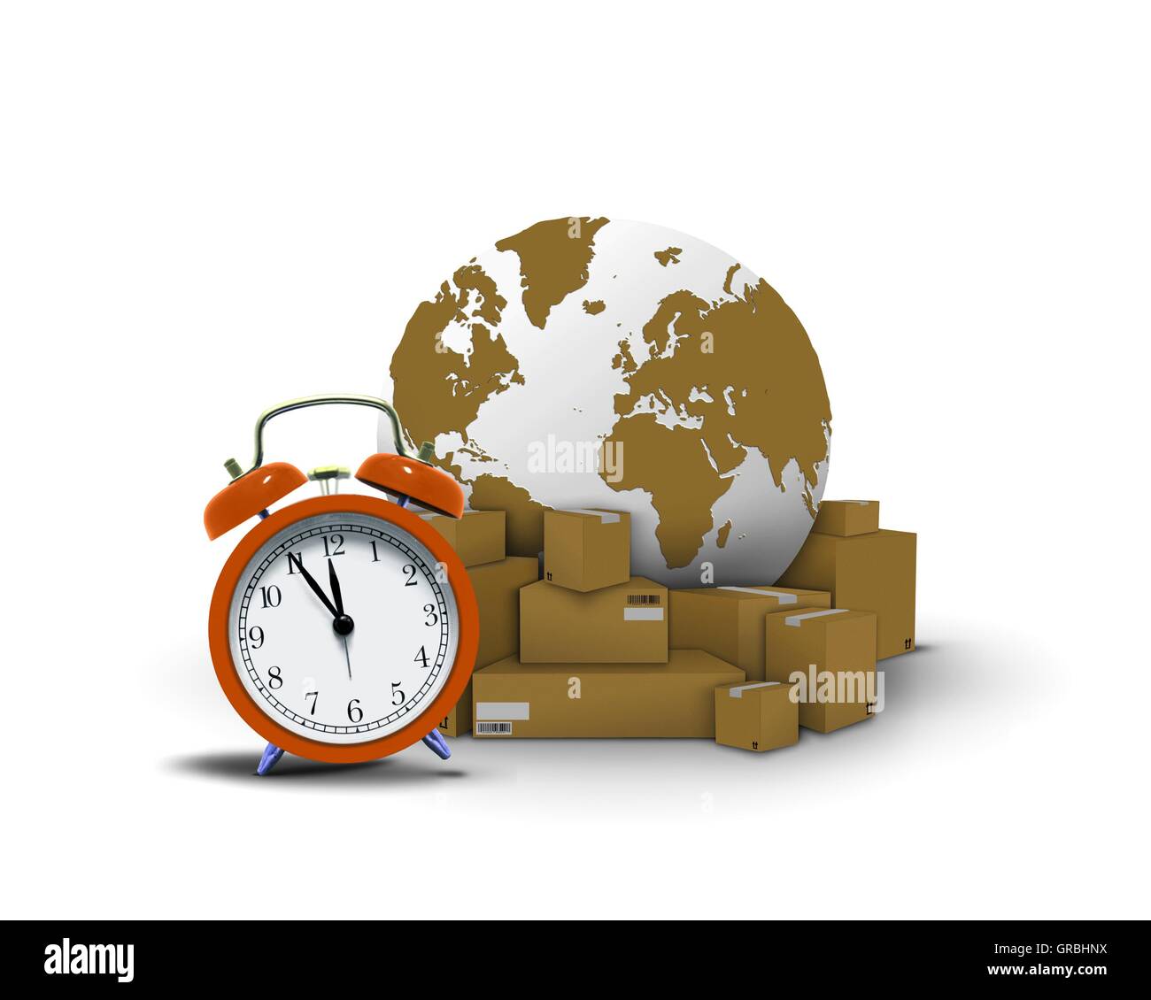 Entrega urgente con cajas de reloj y globe Foto de stock