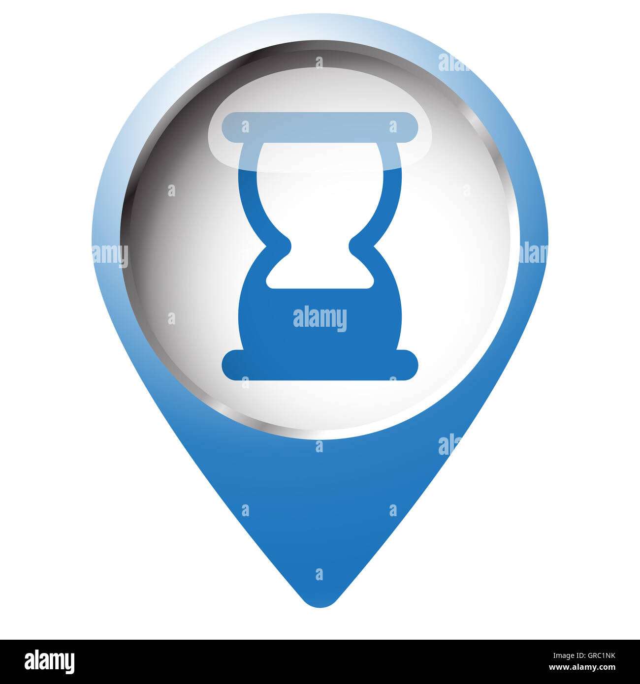 Mapa símbolo pin con el icono de reloj de arena. Símbolo azul sobre fondo blanco. Foto de stock
