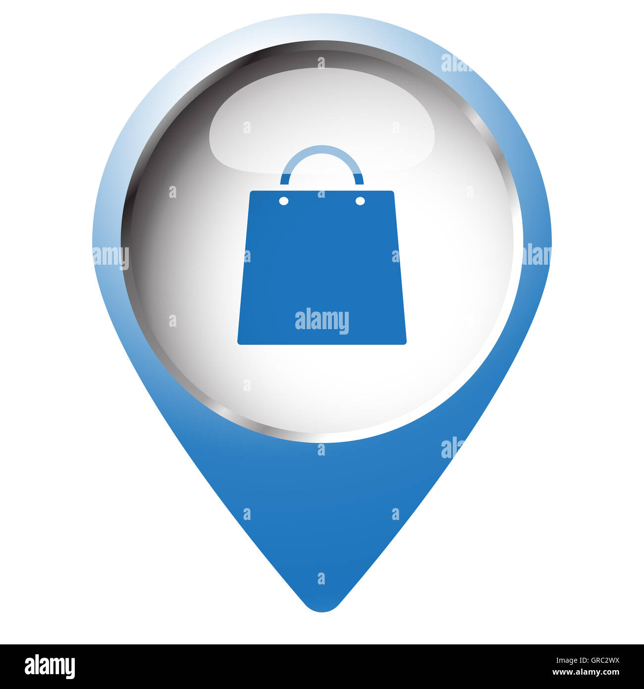 Mapa símbolo pin con el icono de bolsa de compras. Símbolo azul sobre fondo  blanco Fotografía de stock - Alamy