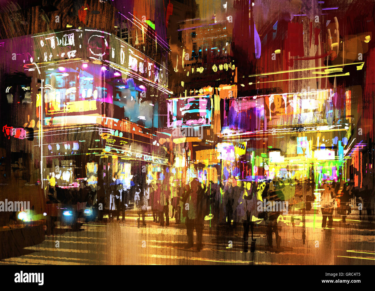 Pintura de gran colorido de noche street,ilustración,paisaje urbano Foto de stock