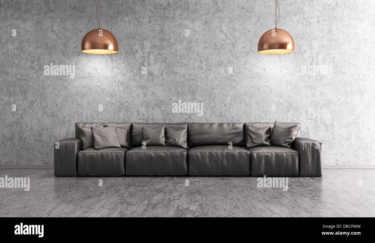 Moderno interior de salón con sofás de cuero negro y lámparas en contra del muro de hormigón sobre suelo de cemento 3D rendering Foto de stock