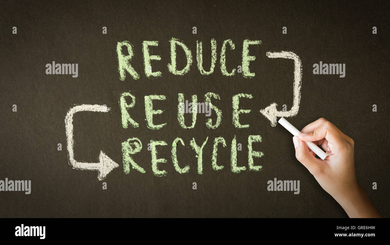 Reducir, Reutilizar, Reciclar el dibujo de tiza Foto de stock